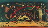 Jackson Polllock, Untitled (Composition with Red Arc and Horses), ca. 1938. Oil on panel, 12 x 20 ½ in. Gift of Margaret Weinstock.